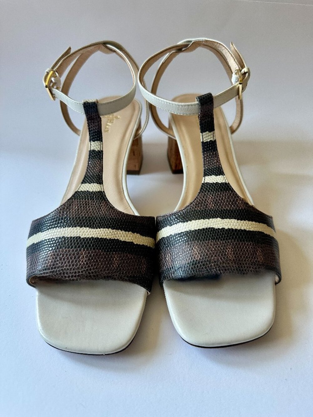 Cole Haan Luci Low T-Strap Sandals Size 9.5B Brown Snake Print Cork Heel EUC